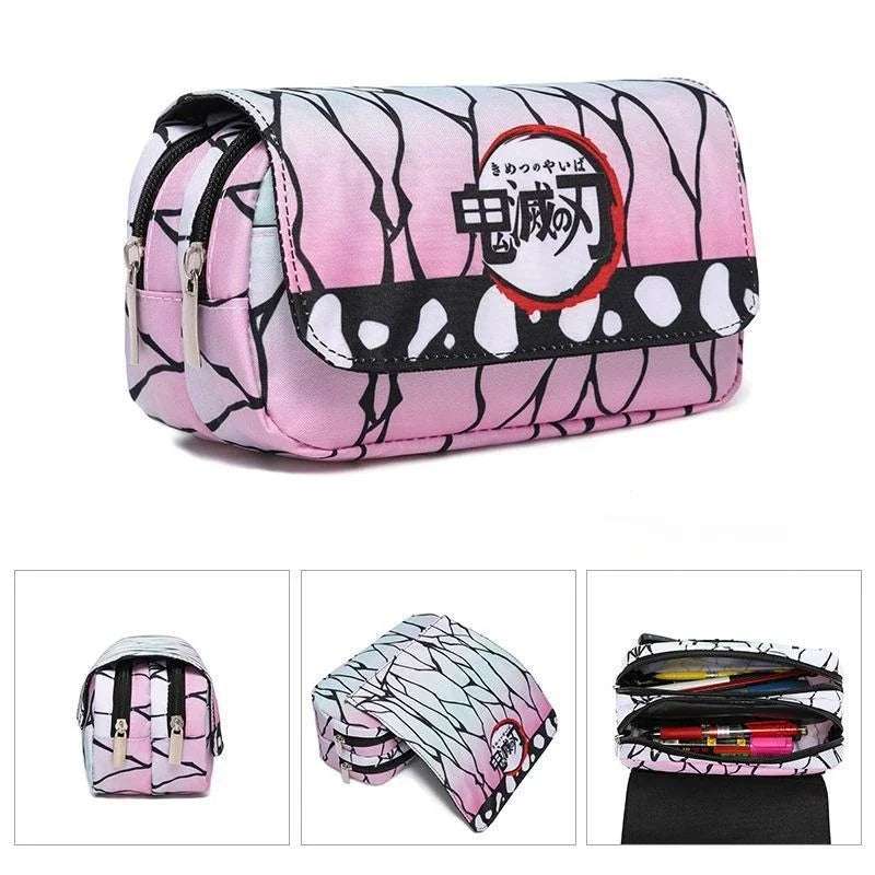 Anime Demon Slayer Pencil Case: Student Bilayer Storage Bag, Cartoon Pen Box, Cosplay Props Accessories