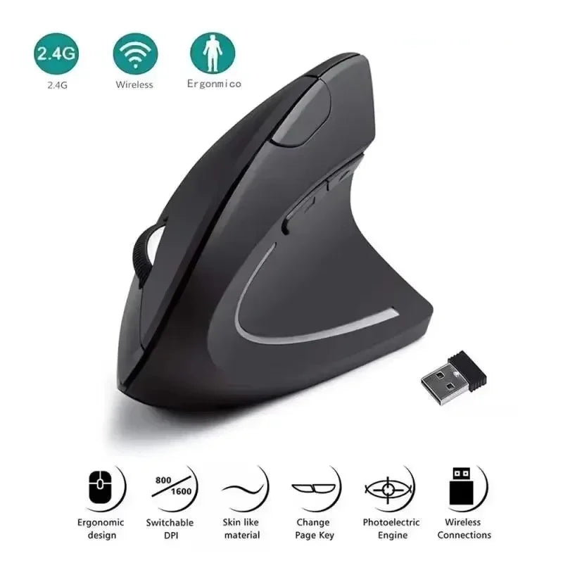 2.4GHz Wireless Vertical Mouse Ergonomic Optical Mice 3 Adjustable DPI 800/1200/1600 6 Buttons for Laptop PC Computer Desktop