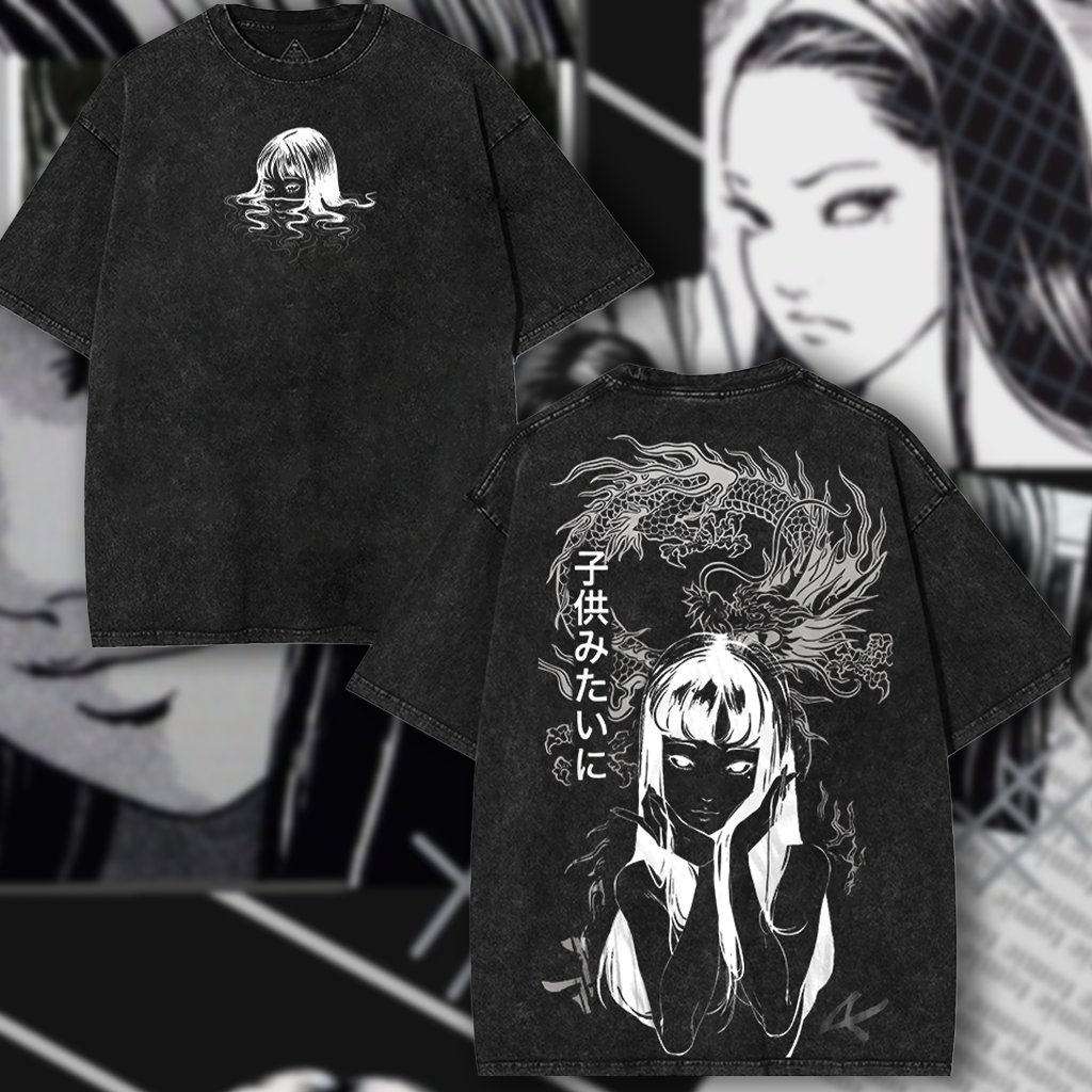 Junji Ito Tomie Anime Graphic Tee Oversized Acid Washed T-Shirts