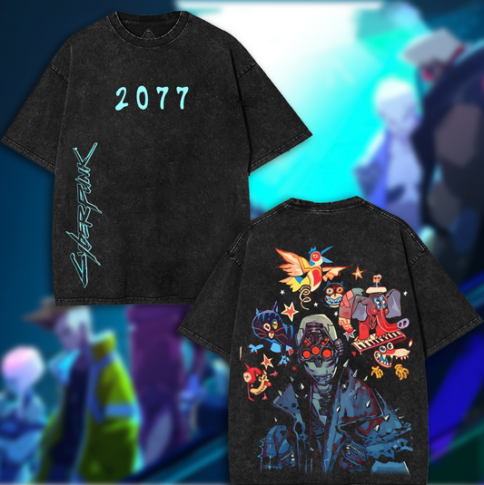 Cyberpunk 2077 Anime Double Printed Vintage Washed Tee Unisex Tees