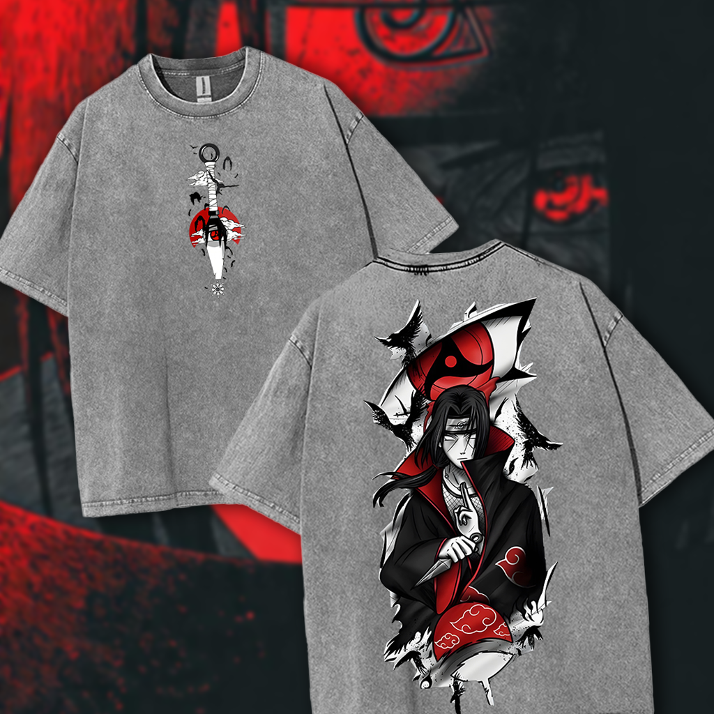 Uchiha Itachi Sharingan - Naruto Anime Double Printed Washed Tee Unisex