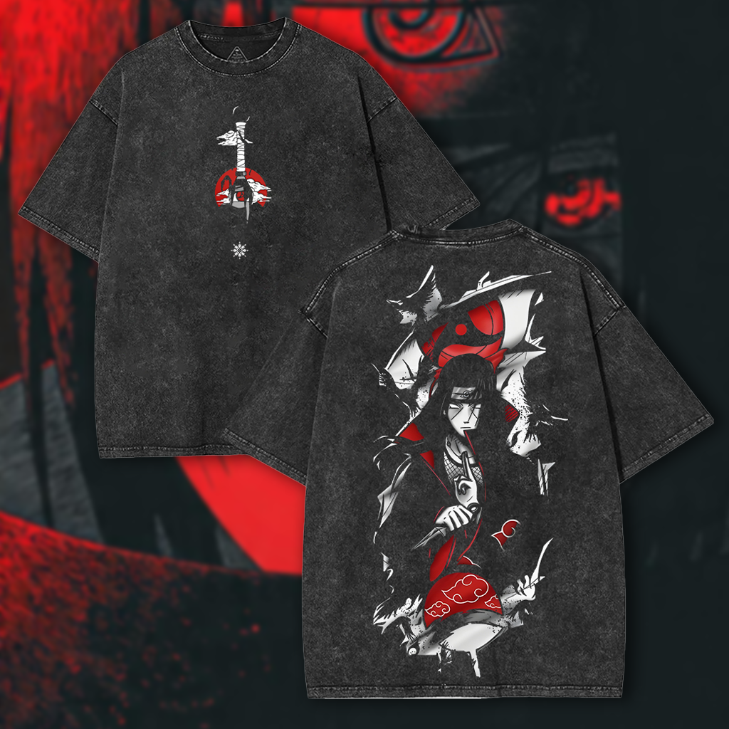 Uchiha Itachi Sharingan - Naruto Anime Double Printed Washed Tee Unisex